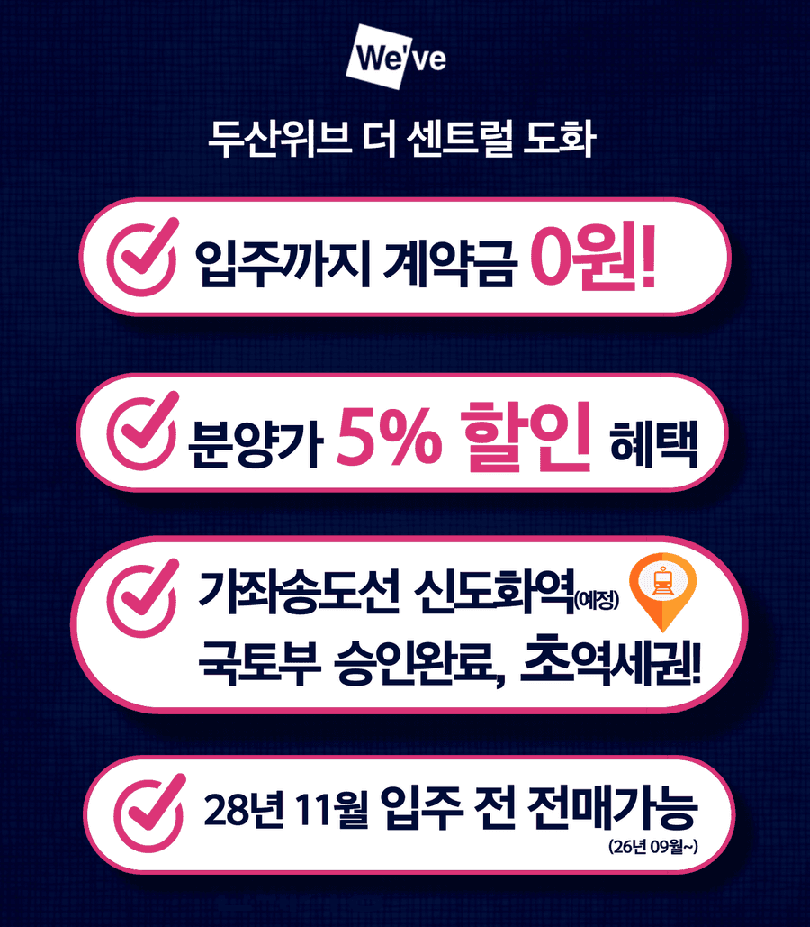 두산위브 더센트럴 도화 분양 안내 — 2028년 11월 입주, 비규제지역, 선착순 동·호 지정 계약