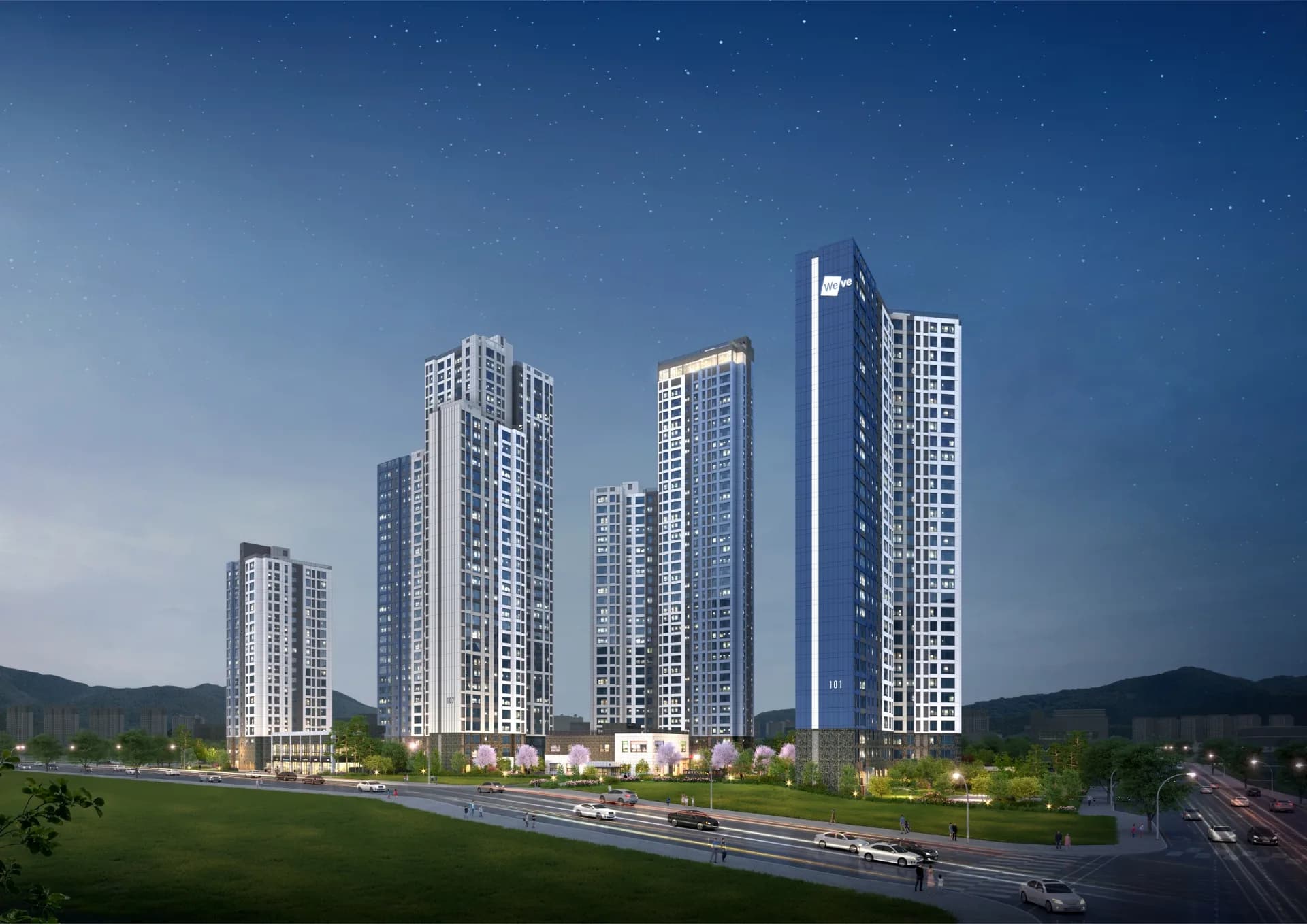 두산위브 더센트럴 도화 야간 단지 외관 조감